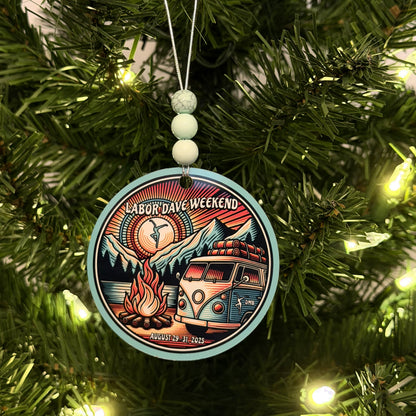 Labor Dave Weekend August 29-31, 2025 Teal Hippie Van Campsite Campfire Mountains Sunset Metal Holiday Christmas Ornament with Beads with Gift Box 2 Sizes: 2.75" x 2.75" or 3.5" x 3.5"