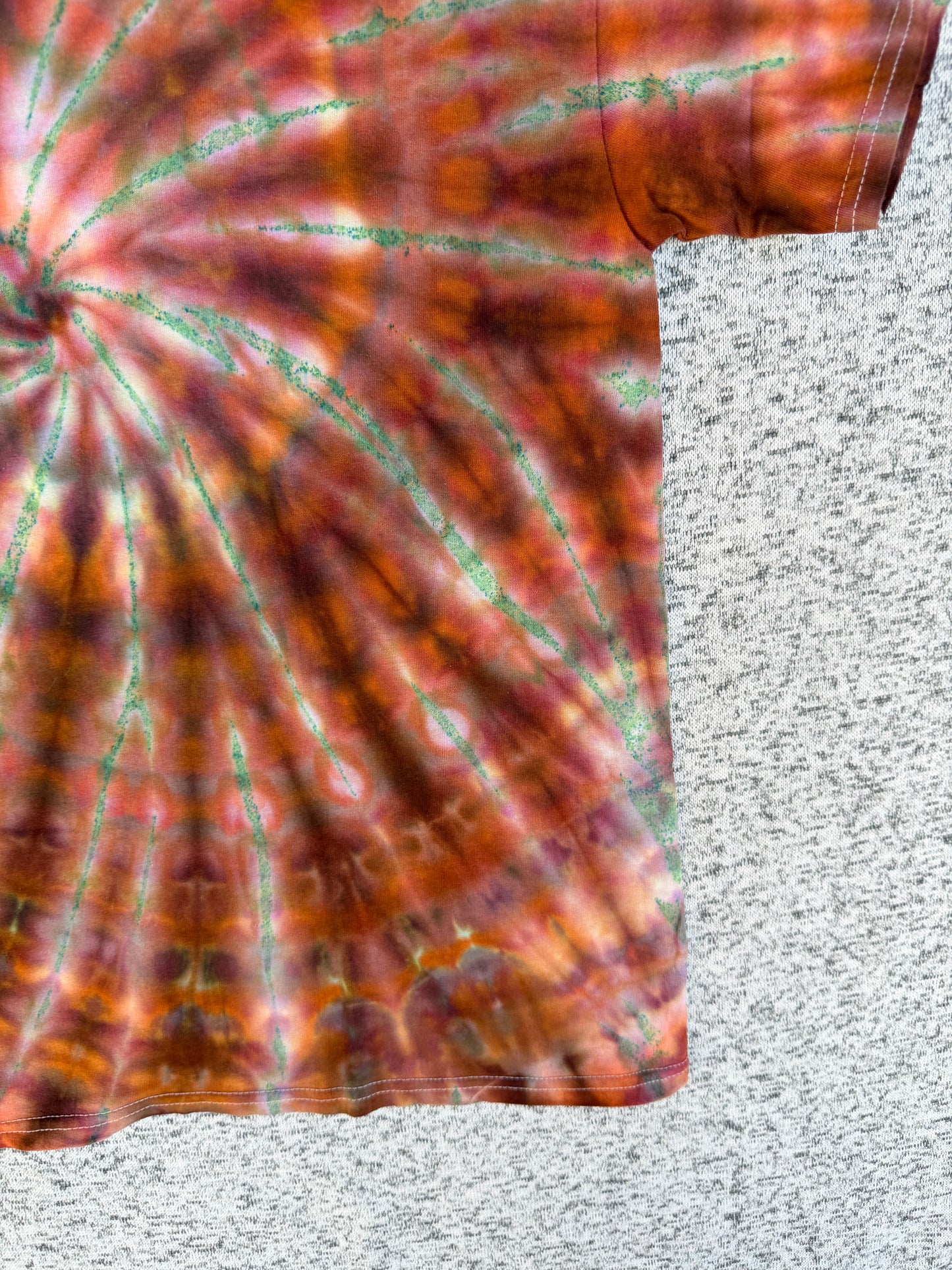 MHD Orange Brown Green Spiral Ice Dye Tie Dye Short Sleeve Shirt 100% Cotton Size Large
