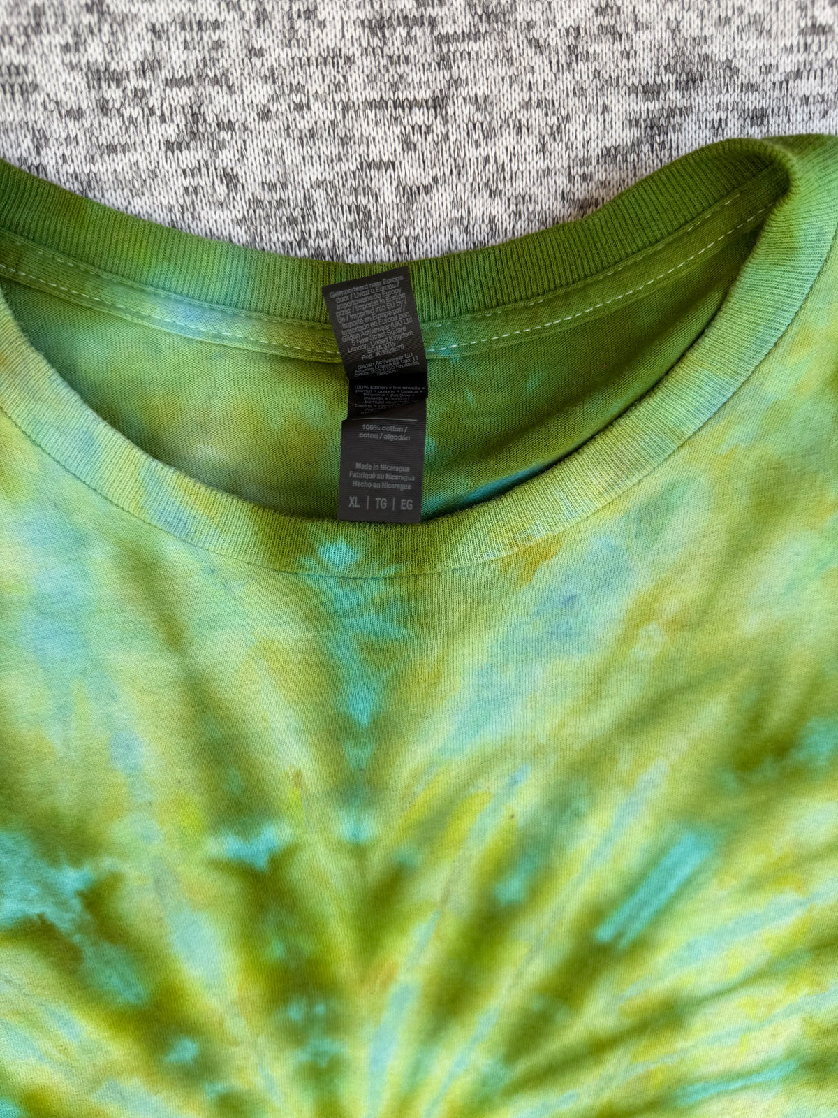 MHD Olive Green Teal Light Green Blue Spiral Ice Dye Tie Dye Short Sleeve Shirt 100% Cotton Size XL