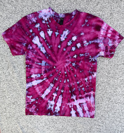 MHD Dark Purple Pink Blue Spiral Ice Dye Tie Dye Short Sleeve Shirt 100% Cotton Size Large