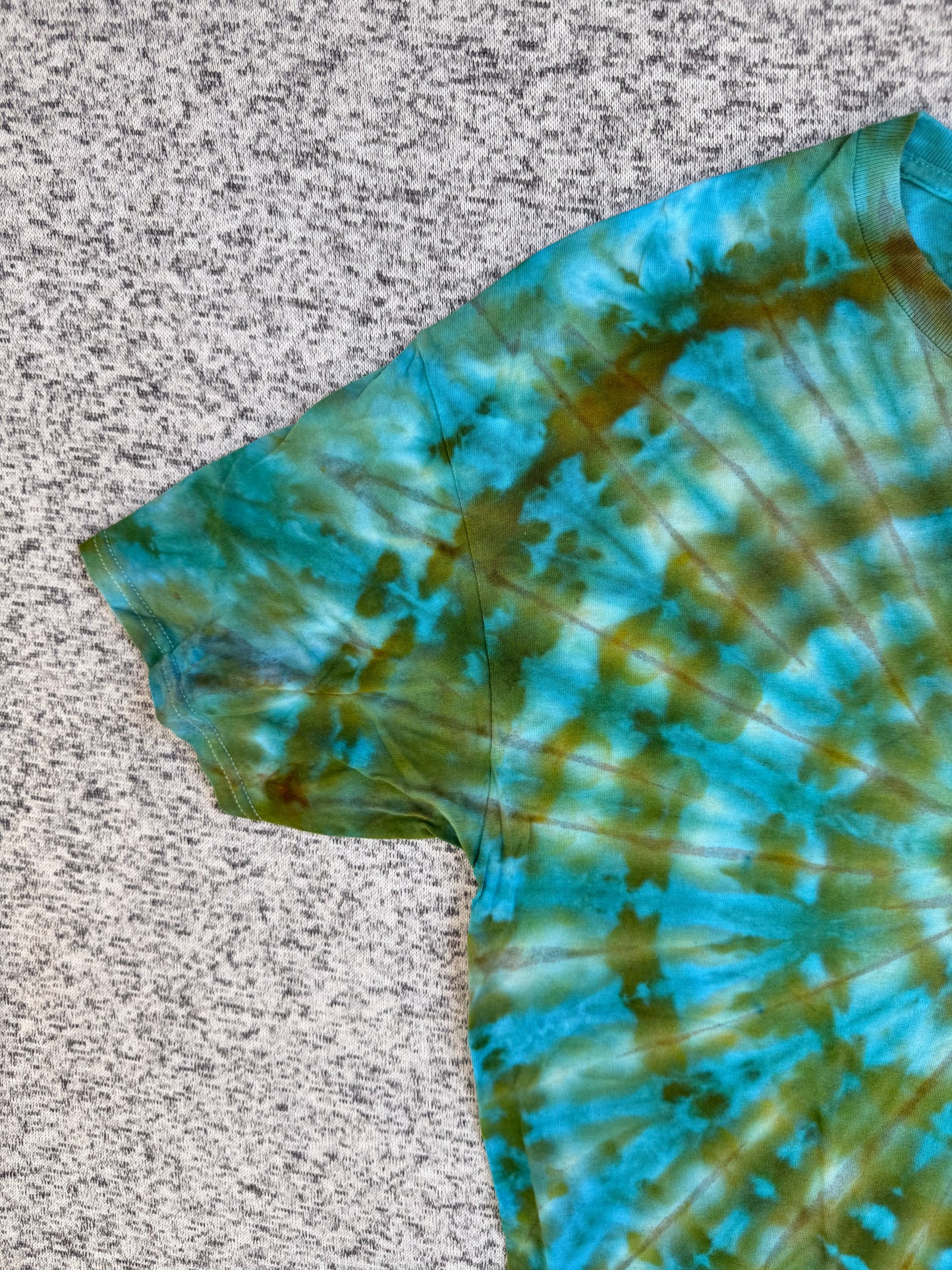 MHD Olive Green Brown Bright Blue Teal Spiral Ice Dye Tie Dye Short Sleeve Shirt 100% Cotton Size XL