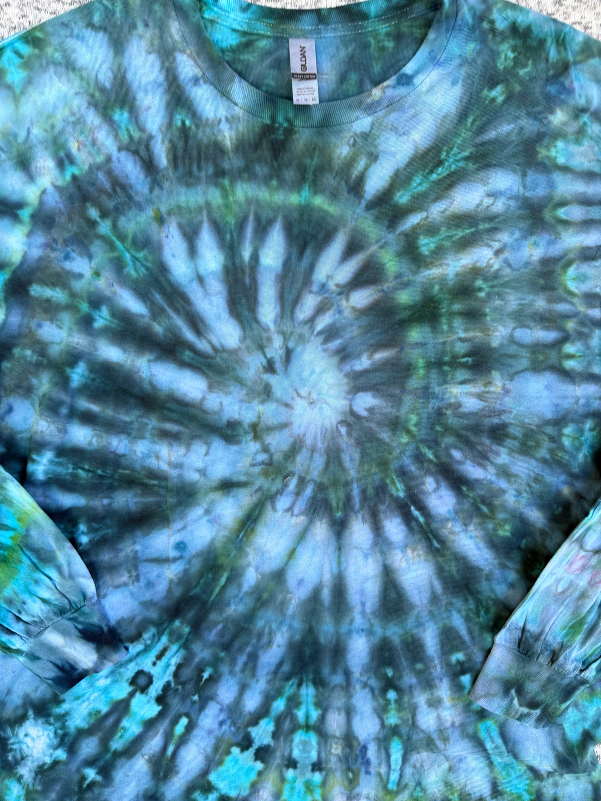 MHD Navy Blue Dark Green Gray Spiral Ice Dye Tie Dye Short Sleeve Shirt 100% Cotton Size XL