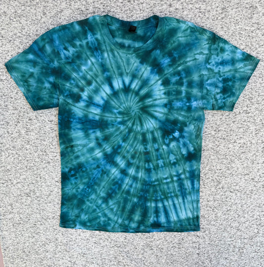 MHD Navy Blue Dark Green Light Green Light Blue Spiral Ice Dye Tie Dye Short Sleeve Shirt 100% Cotton Size Large