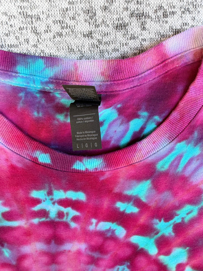 MHD Dark Pink Purple Teal Blue Spiral Ice Dye Tie Dye Short Sleeve Shirt 100% Cotton Size Large