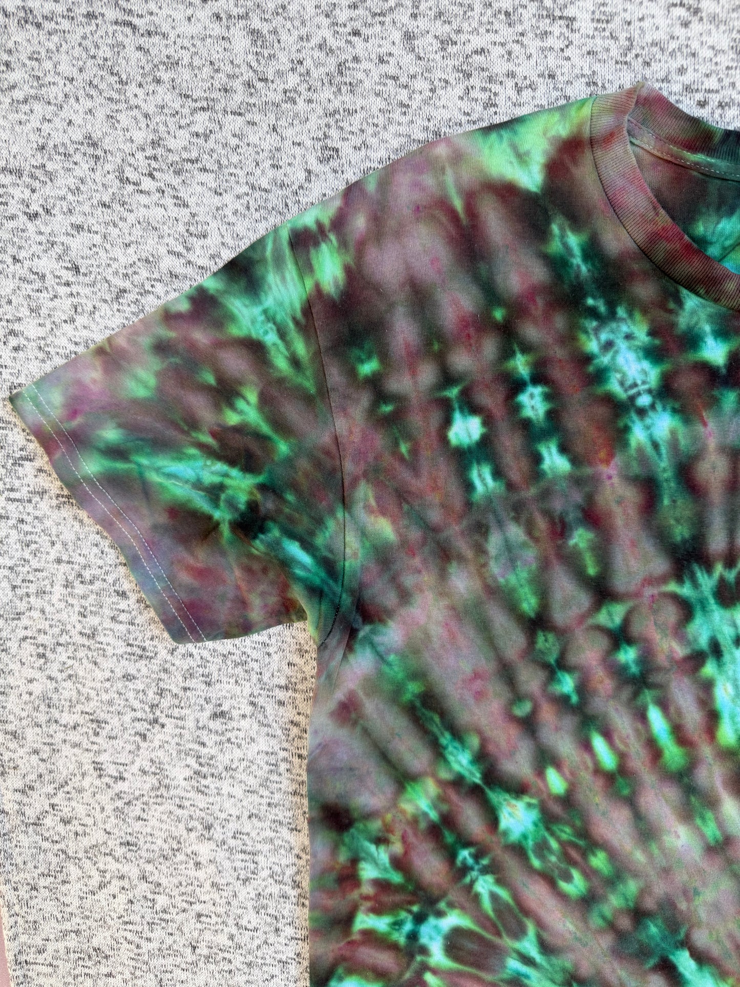 MHD Dark Green Purple Light Green Spiral Ice Dye Tie Dye Short Sleeve Shirt 100% Cotton Size Large