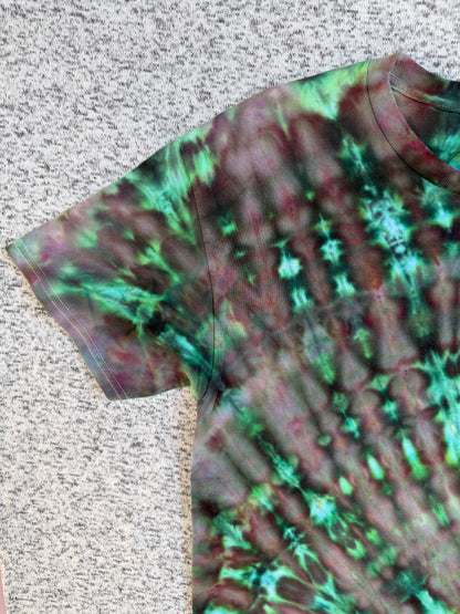 MHD Dark Green Purple Light Green Spiral Ice Dye Tie Dye Short Sleeve Shirt 100% Cotton Size Large