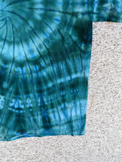 MHD Dark Green Navy Blue Spiral Ice Dye Tie Dye Short Sleeve Shirt 100% Cotton Size Large
