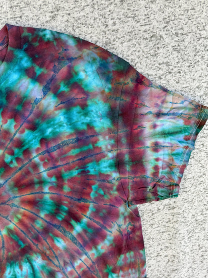 MHD Dark Purple Navy Blue Green Teal Spiral Ice Dye Tie Dye Short Sleeve Shirt 100% Cotton Size XL
