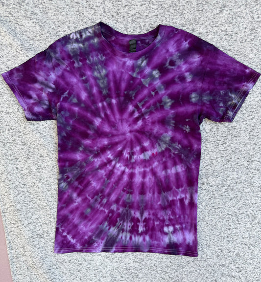 MHD Purple Lavender Grey Black Spiral Ice Dye Tie Dye Short Sleeve Shirt 100% Cotton Size Medium