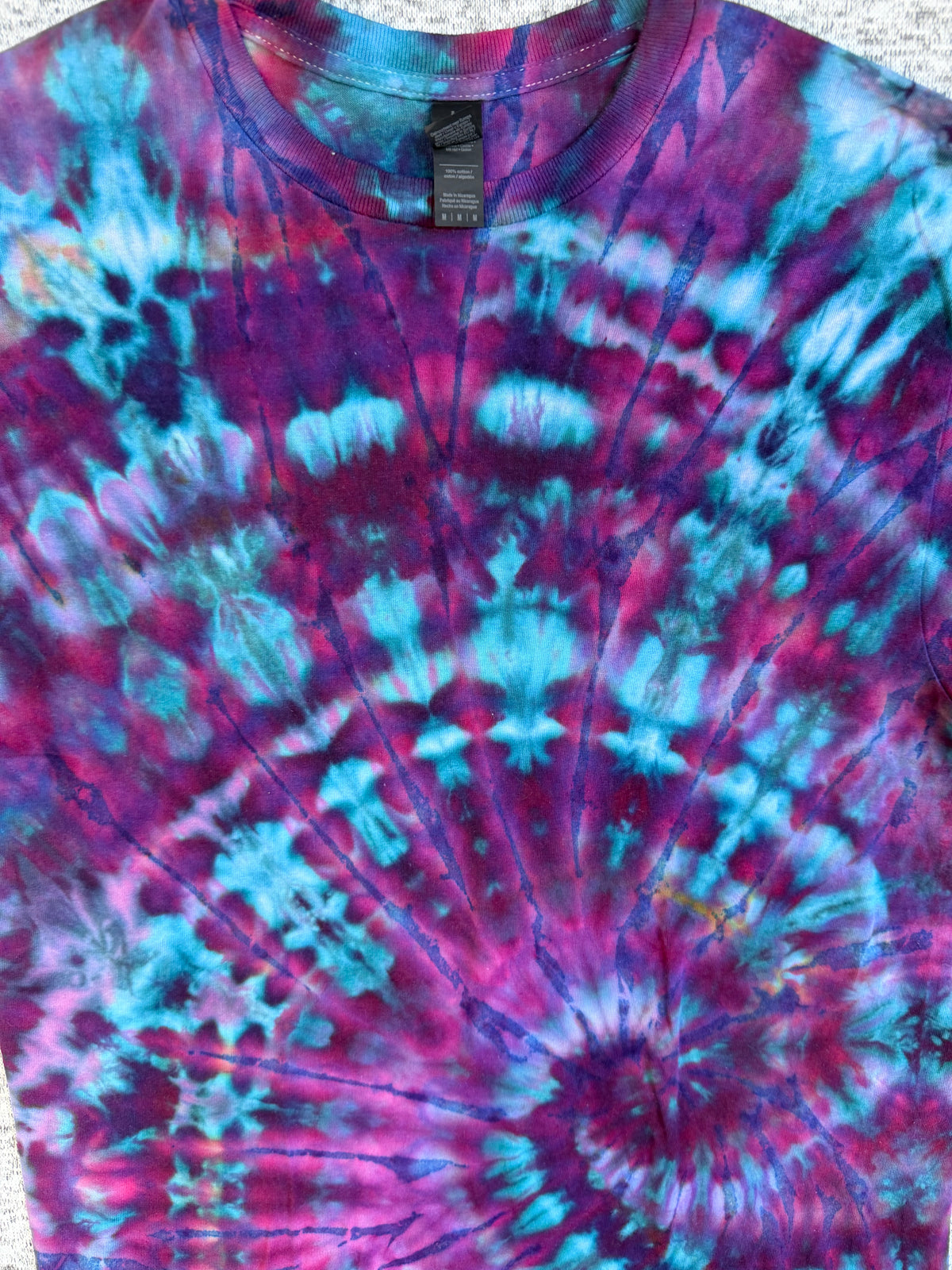 MHD Dark Purple Teal Navy Blue Spiral Ice Dye Tie Dye Short Sleeve Shirt 100% Cotton Size Medium