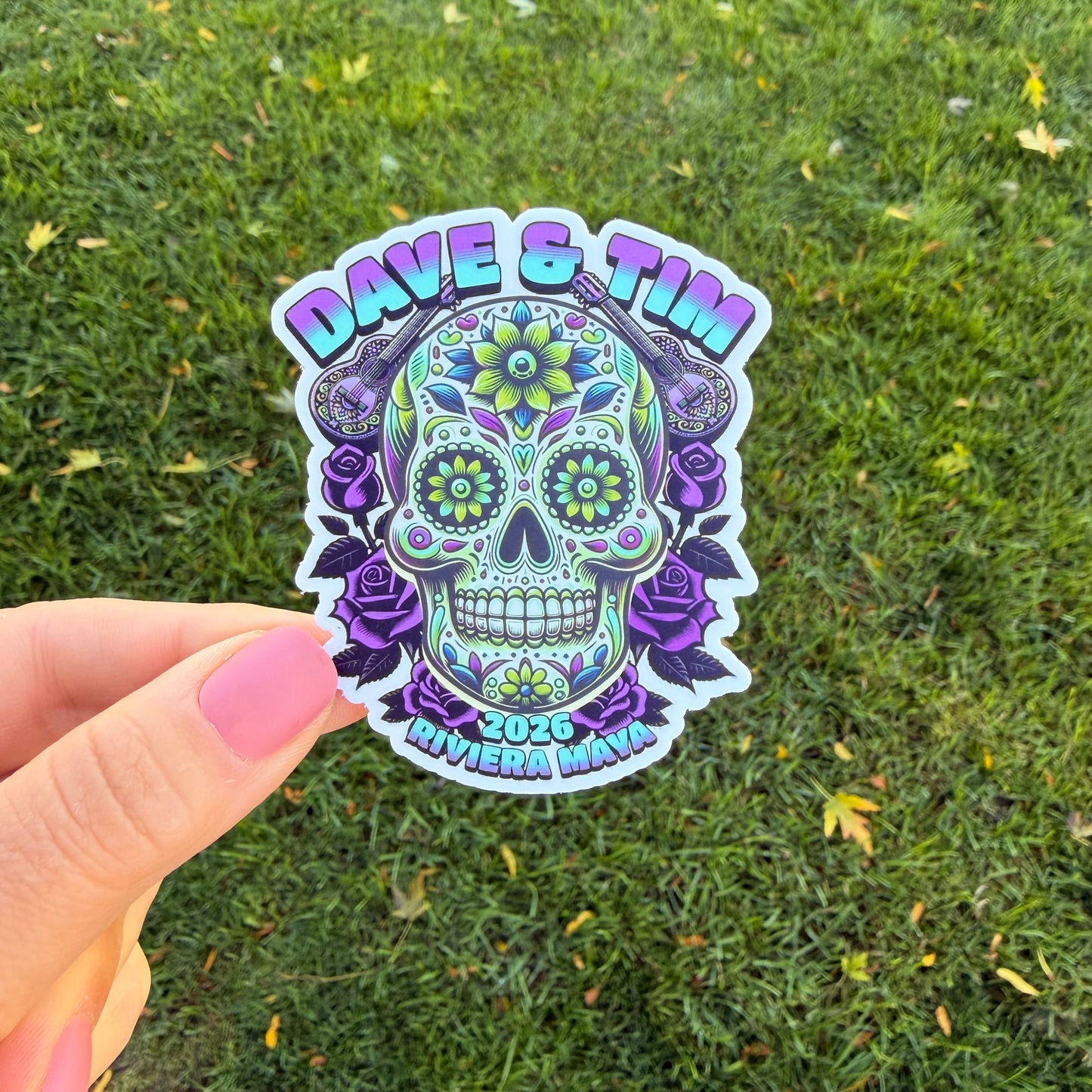 Dave & Tim Mexico 2026 Purple Bright Blue Green Sugar Skull Roses Guitars Vinyl Sticker Slap 3" x 2.5" Matte Finish