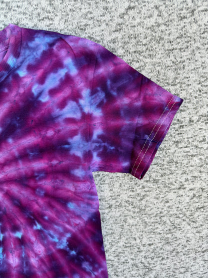 MHD Kids Dark Purple Pink Blue Spiral Ice Dye Tie Dye Short Sleeve Shirt 100% Cotton Size XS
