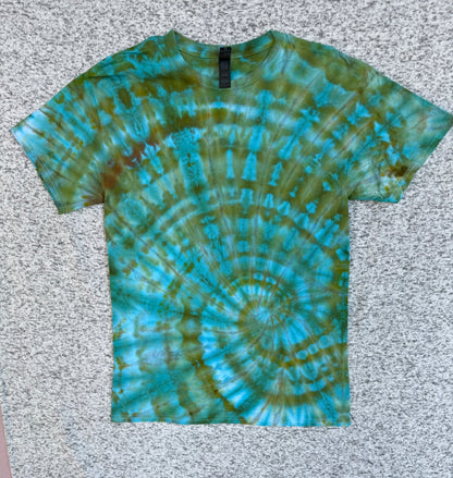 MHD Olive Green Bright Blue Spiral Ice Dye Tie Dye Short Sleeve Shirt 100% Cotton Size Medium