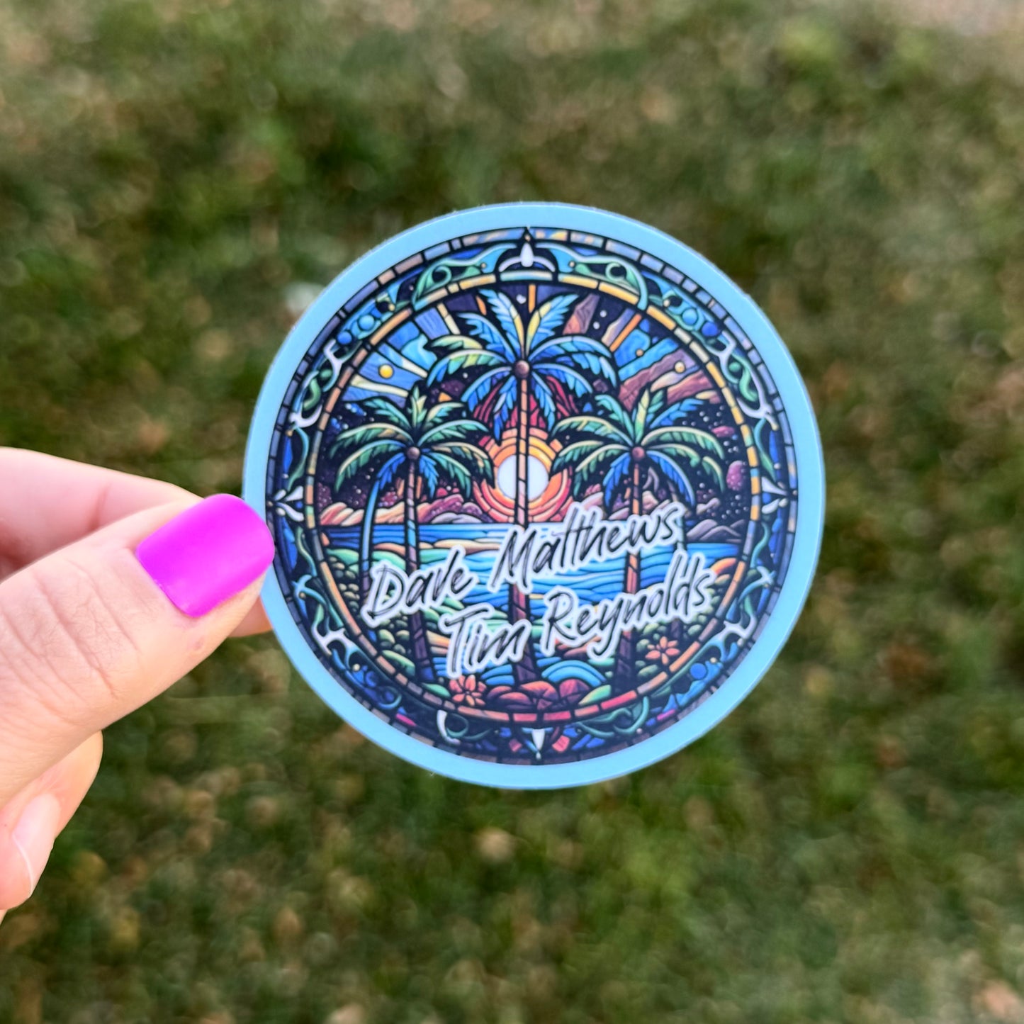 Dave Matthews Tim Reynolds Blue Green Stained Glass Palm Trees Ocean Sunset Mexico 2026 Vinyl Sticker Slap 3" x 3" Matte Finish