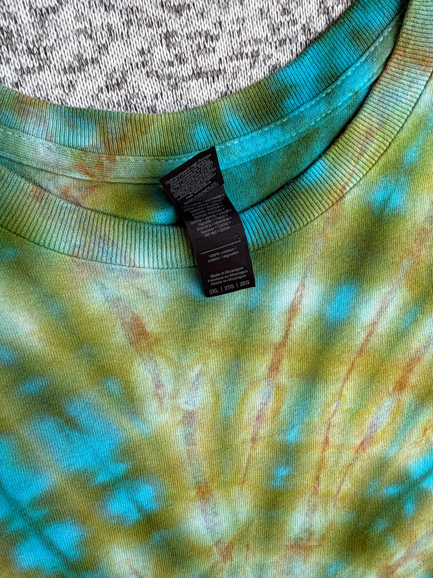 MHD Olive Green Light Brown Teal Spiral Ice Dye Tie Dye Short Sleeve Shirt 100% Cotton Size XXL