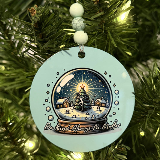 Be Kind Always No Matter Snow Globe Christmas Tree Metal Holiday Christmas Ornament with Beads with Gift Box 2 Sizes: 2.75" x 2.75" or 3.5" x 3.5"