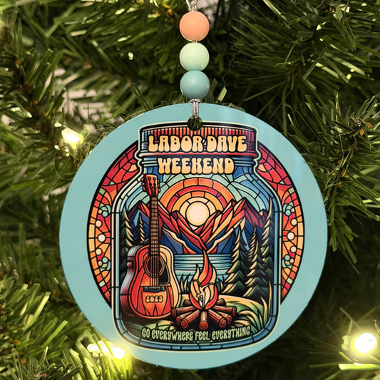 Labor Dave Weekend The Gorge 2025 Go Everywhere Feel Everything Stained Glass Campfire Guitar Mountains Metal Holiday Christmas Ornament with Beads with Gift Box 2 Sizes: 2.75" x 2.75" or 3.5" x 3.5"