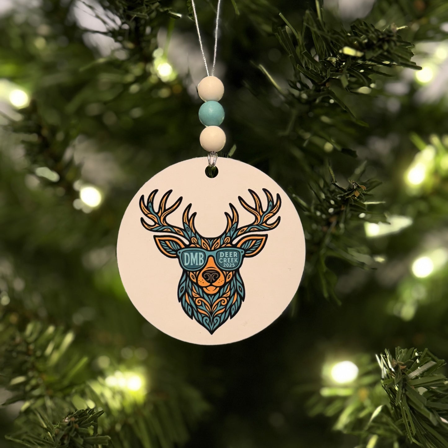 Deer Creek Noblesville Indiana 2025 Deer Wearing DMB Sunglasses Teal Brown Black Metal Holiday Christmas Ornament with Beads with Gift Box 2 Sizes: 2.75" x 2.75" or 3.5" x 3.5"