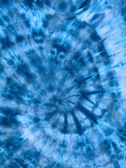 MHD Dark Blue Light Blue Spiral Ice Dye Tie Dye Short Sleeve Shirt 100% Cotton Size Large
