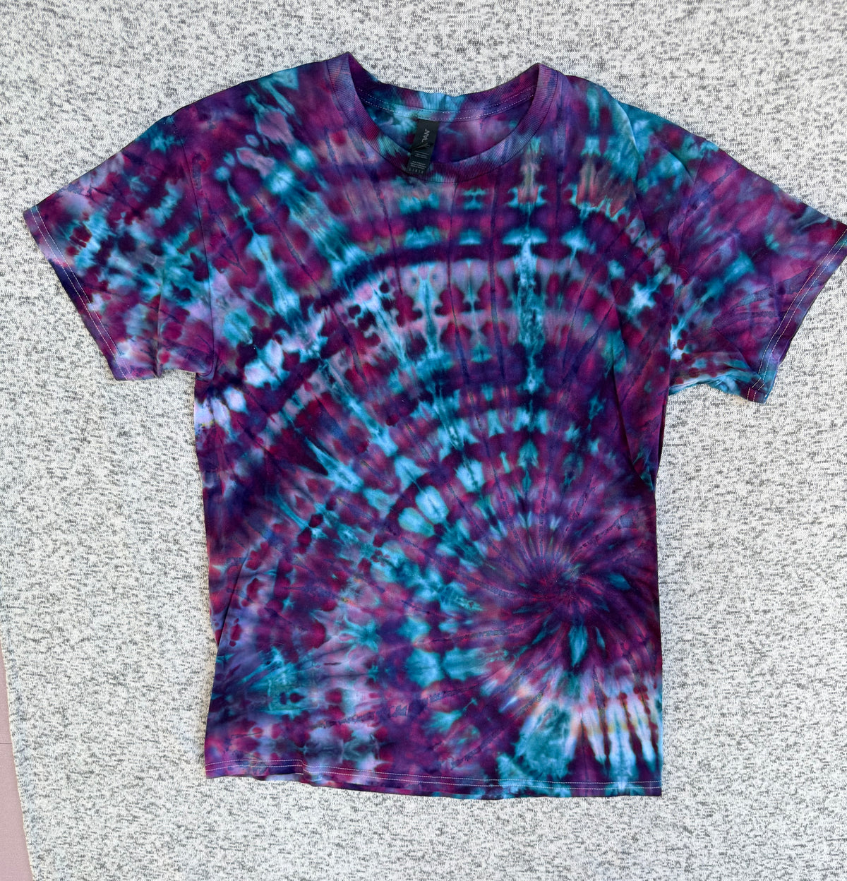 MHD Dark Purple Navy Blue Teal Lavender Spiral Ice Dye Tie Dye Short Sleeve Shirt 100% Cotton Size Large