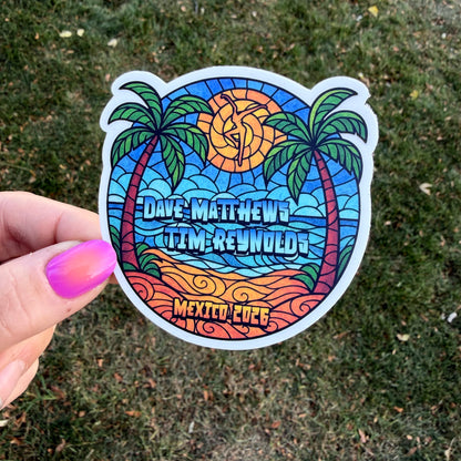 Dave Matthews Tim Reynolds Mexico 2026 Palm Trees Sun Ocean Waves Beach Stained Glass Vinyl Sticker Slap 3" x 3" Matte Finish