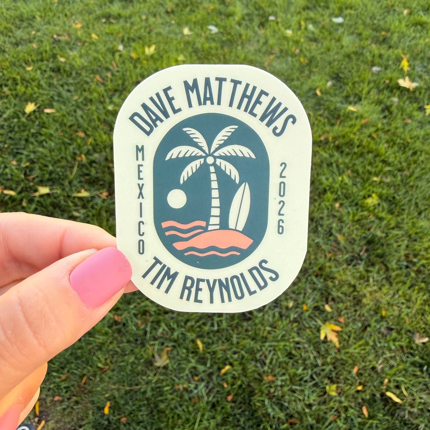 Dave Matthews Tim Reynolds Mexico 2026 Light Yellow Green Palm Tree Beach Ocean Vinyl Sticker Slap 2.75" x 2.15" Matte Finish