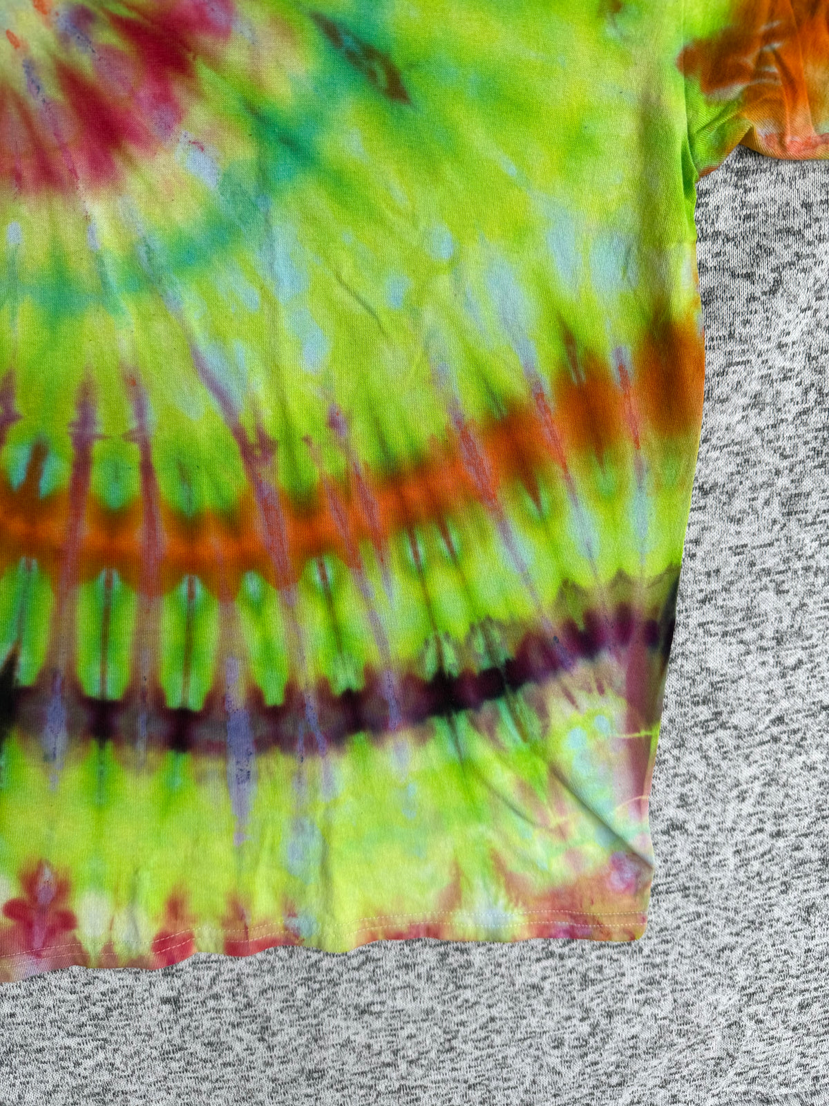 MHD Lime Green Orange Pink Purple Spiral Ice Dye Tie Dye Short Sleeve Shirt 100% Cotton Size XXL
