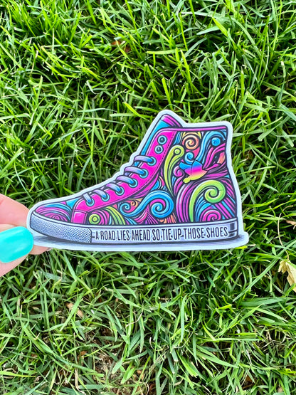 Goose Tumble A Road Lies Ahead So Tie Up Those Shoes Purple Pink Blue Green Vinyl Sticker Slap 2" x 3.3" Matte Finish