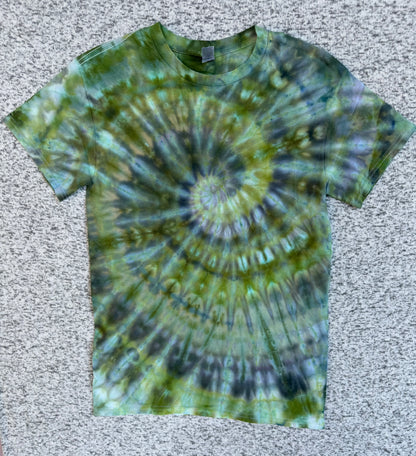 MHD Olive Green Grey Black Spiral Ice Dye Tie Dye Short Sleeve Shirt 100% Cotton Size Small