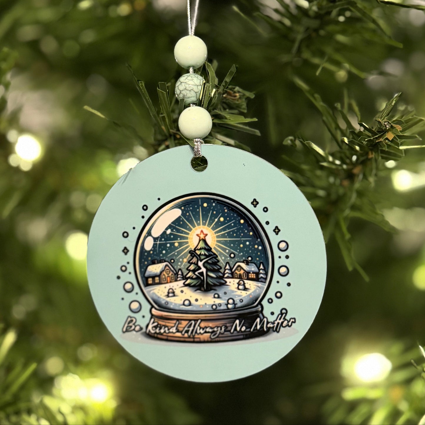 Be Kind Always No Matter Snow Globe Christmas Tree Metal Holiday Christmas Ornament with Beads with Gift Box 2 Sizes: 2.75" x 2.75" or 3.5" x 3.5"