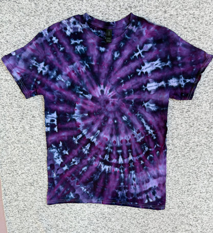 MHD Dark Purple Navy Blue Spiral Ice Dye Tie Dye Short Sleeve Shirt 100% Cotton Size Medium