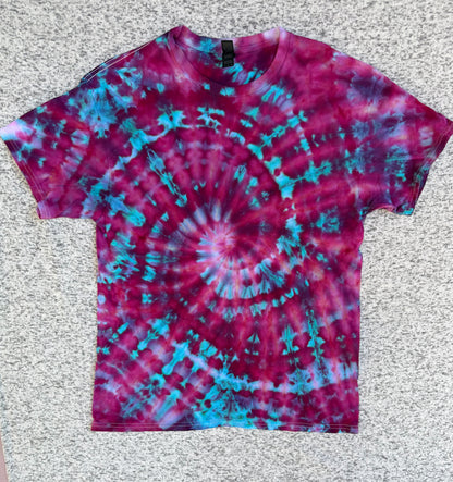 MHD Dark Pink Purple Teal Blue Spiral Ice Dye Tie Dye Short Sleeve Shirt 100% Cotton Size Large