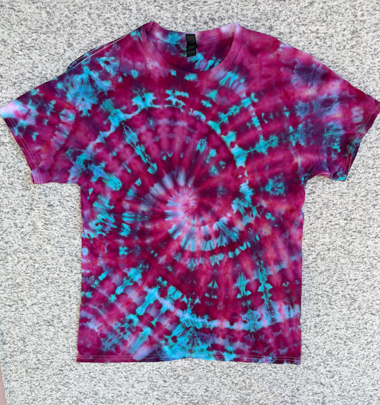 MHD Dark Pink Purple Teal Blue Spiral Ice Dye Tie Dye Short Sleeve Shirt 100% Cotton Size Large