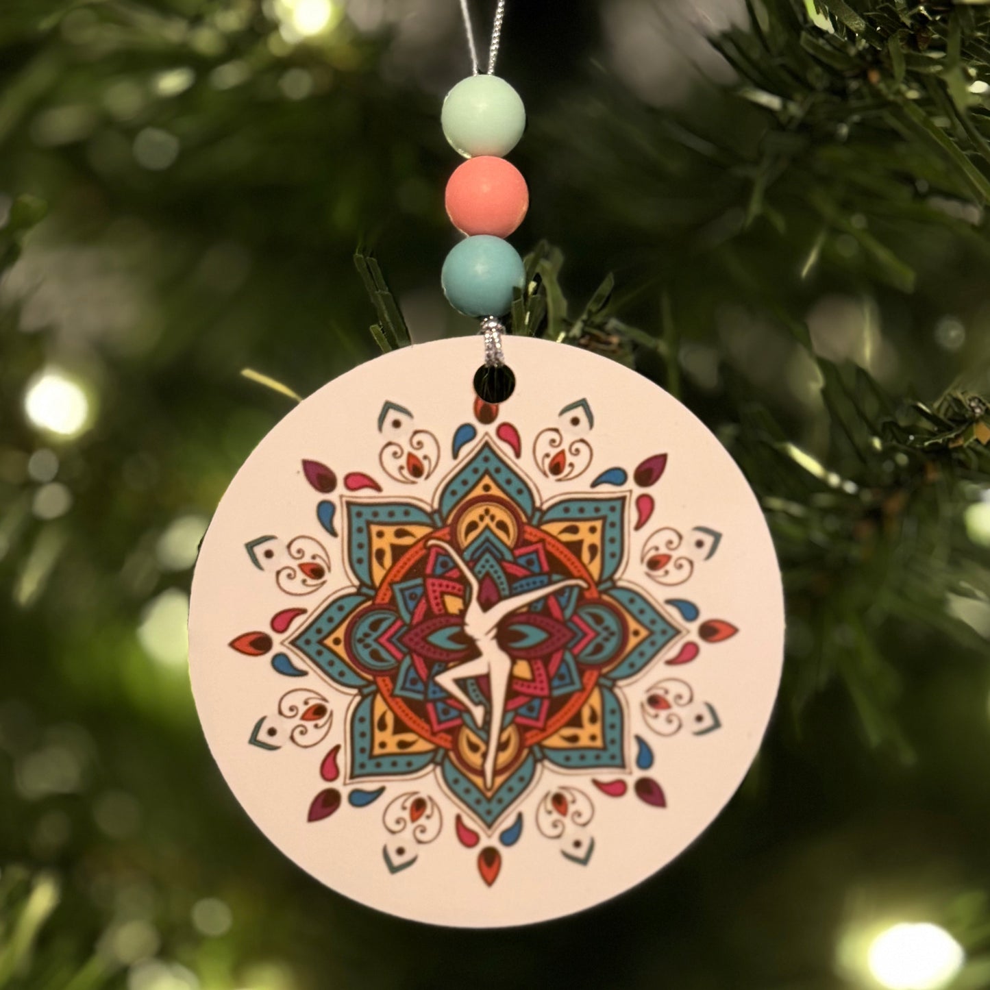 Teal Pink Blue Yellow Brown White Mandala Metal Holiday Christmas Ornament with Beads with Gift Box 2 Sizes: 2.75" x 2.75" or 3.5" x 3.5"