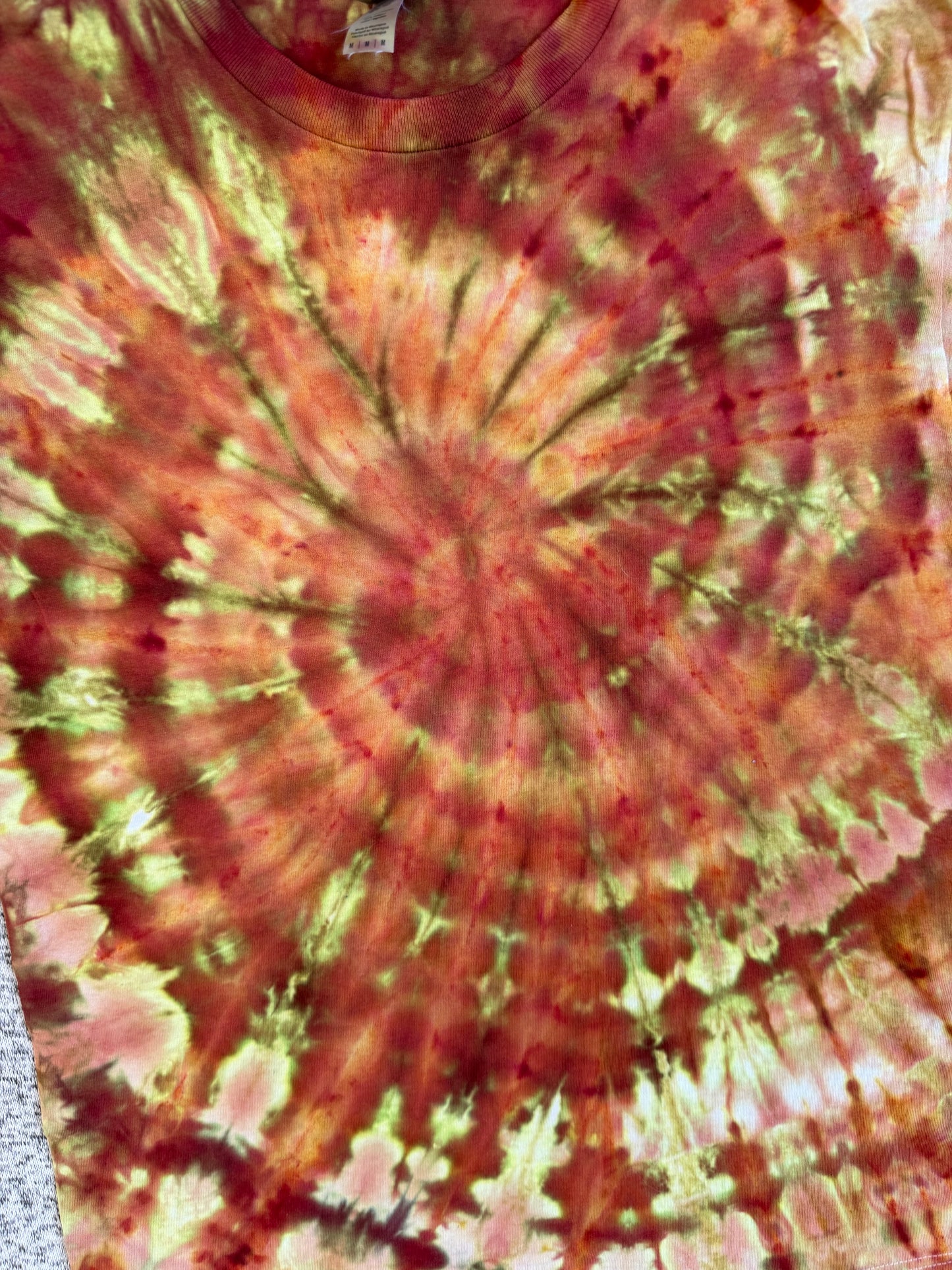 MHD Burnt Orange Yellow Olive Green Spiral Ice Dye Tie Dye Short Sleeve Shirt 100% Cotton Size Medium
