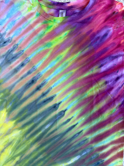 MHD Purple Green Orange Blue Fan Fold Ice Dye Tie Dye Short Sleeve Shirt 100% Cotton Size Medium