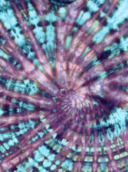MHD Purple Dusty Rose Dark Blue Teal Spiral Ice Dye Tie Dye Short Sleeve Shirt 100% Cotton Size XL