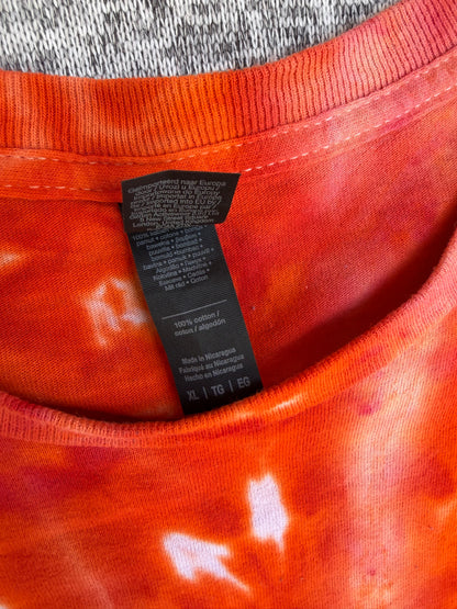 MHD Dark Orange Bright Orange Red Spiral Ice Dye Tie Dye Short Sleeve Shirt 100% Cotton Size XL
