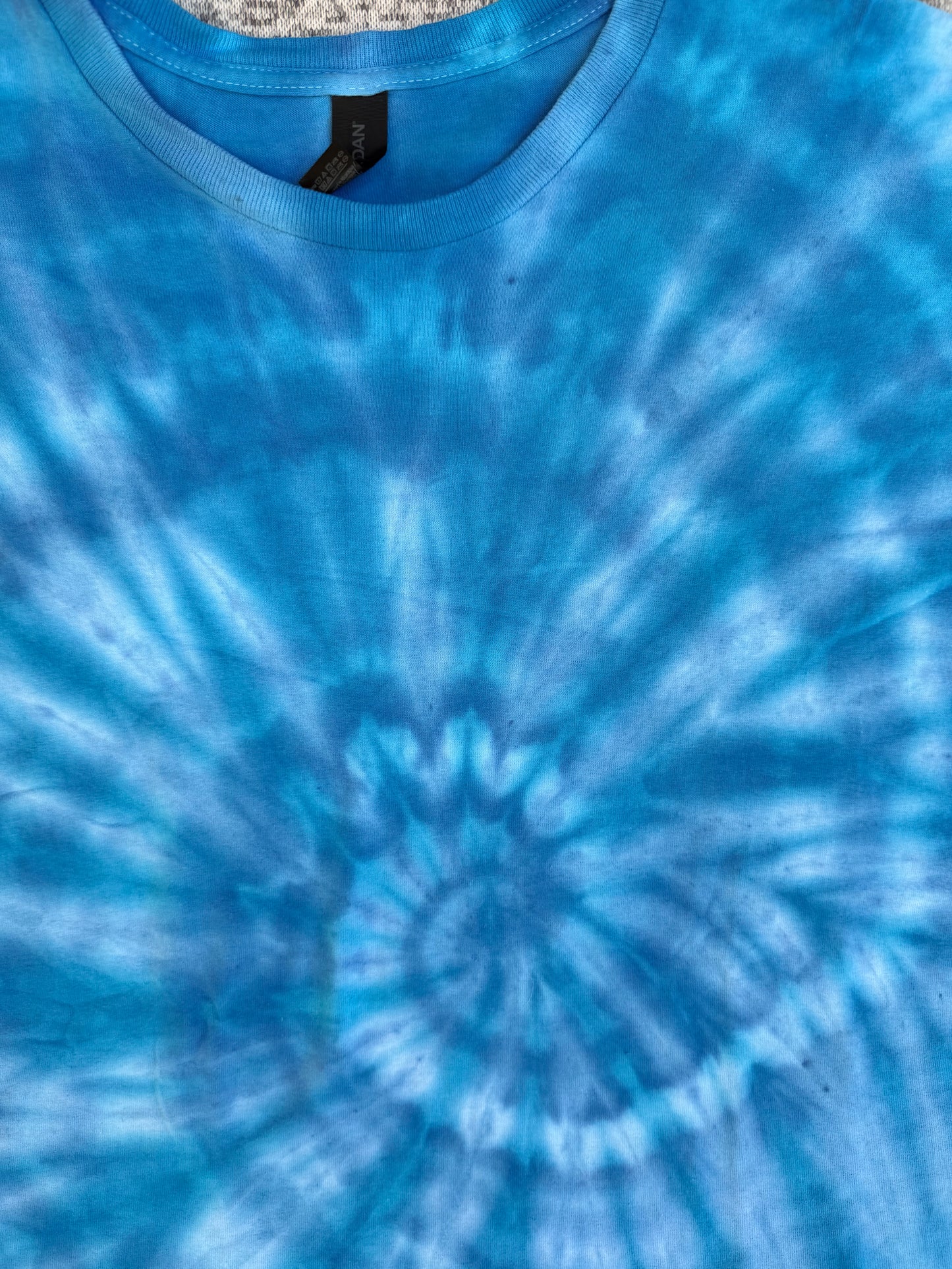 MHD Bright Blue LIght Blue White Spiral Ice Dye Tie Dye Short Sleeve Shirt 100% Cotton Size XL