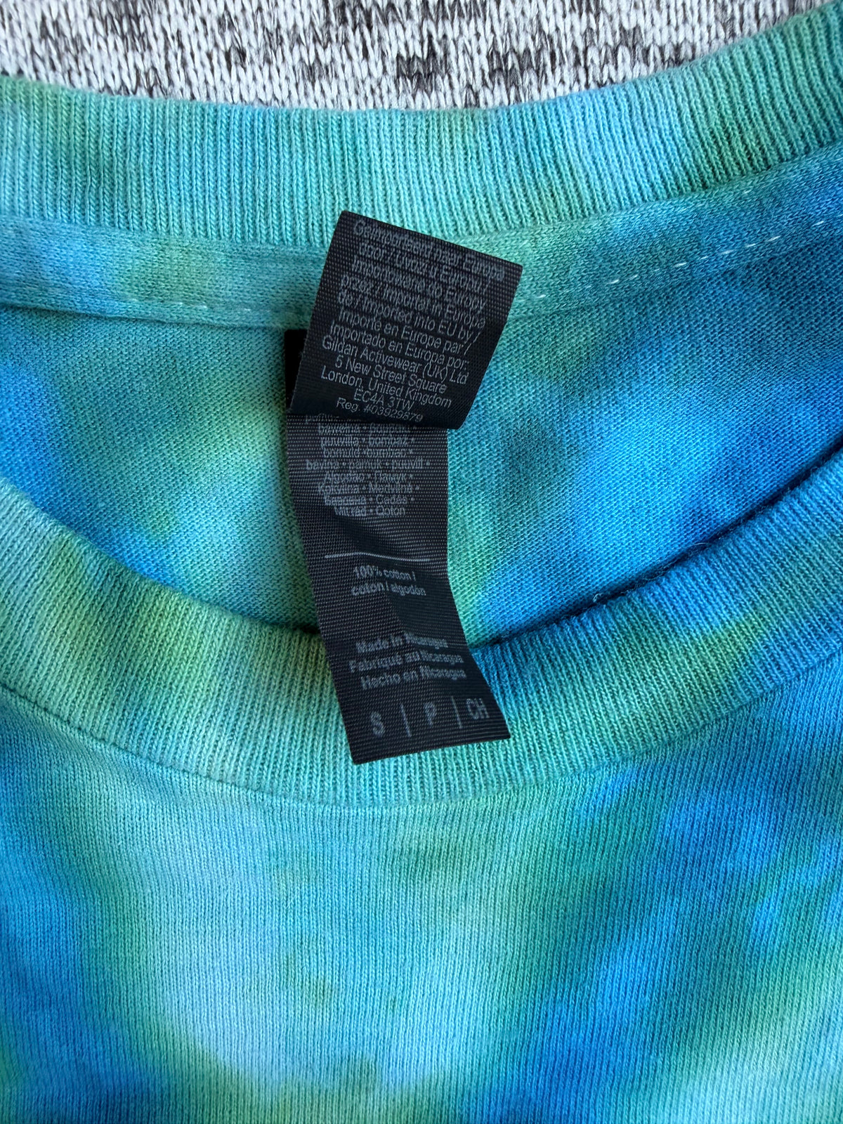 MHD Bright Blue Green Spiral Ice Dye Tie Dye Short Sleeve Shirt 100% Cotton Size Small