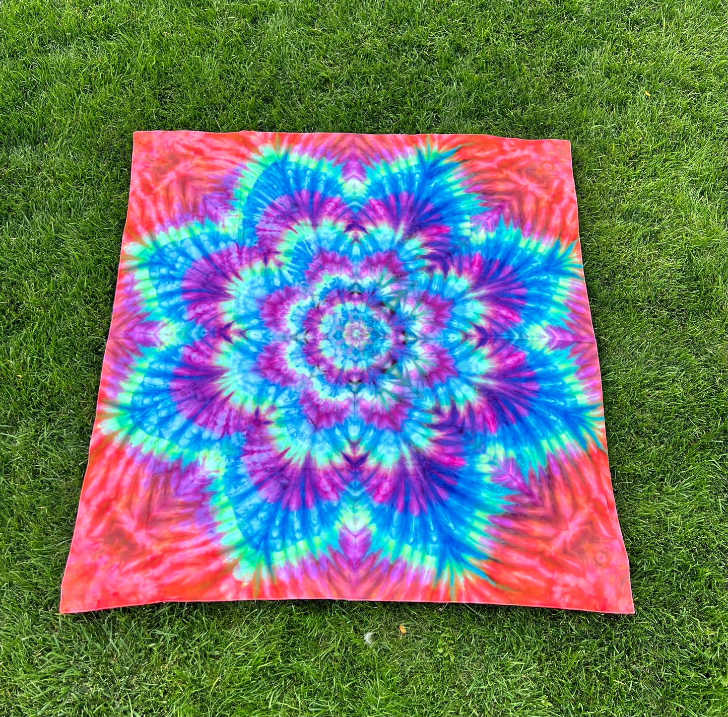 MHD Tie Dye Ice Dye Mandala Flower Red Purple Green Blue Tapestry Psychedelic Wall Hanging Festival Concert Tarp 100% Cotton 59" x 59"
