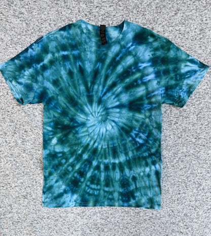 MHD Green Dark Blue Light Green Spiral Ice Dye Tie Dye Short Sleeve Shirt 100% Cotton Size Medium