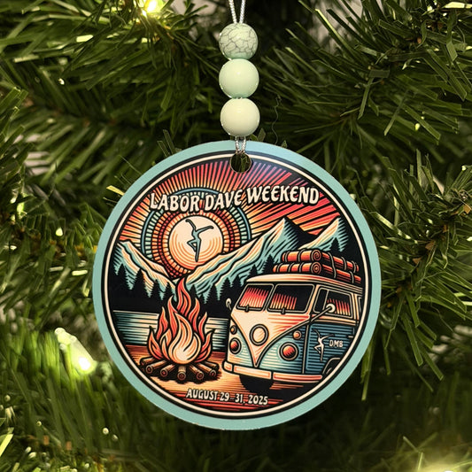 Labor Dave Weekend August 29-31, 2025 Teal Hippie Van Campsite Campfire Mountains Sunset Metal Holiday Christmas Ornament with Beads with Gift Box 2 Sizes: 2.75" x 2.75" or 3.5" x 3.5"