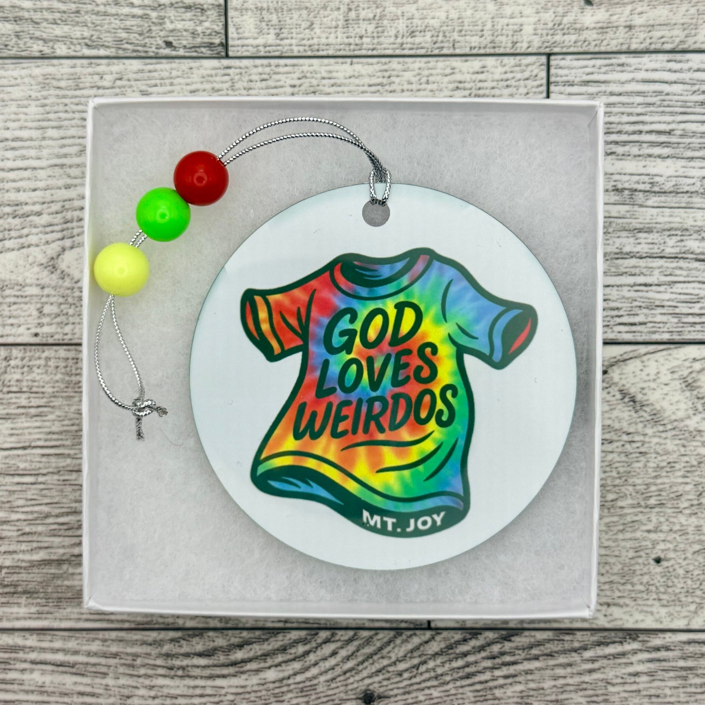 Mt. Joy God Loves Weirdos Tie Dye T-Shirt Metal Holiday Christmas Ornament with Beads with Gift Box 2 Sizes: 2.75" x 2.75" or 3.5" x 3.5"