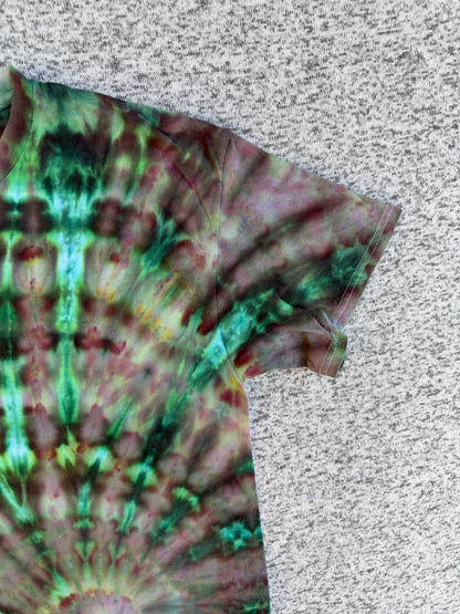 MHD Dark Green Purple Light Green Spiral Ice Dye Tie Dye Short Sleeve Shirt 100% Cotton Size Large
