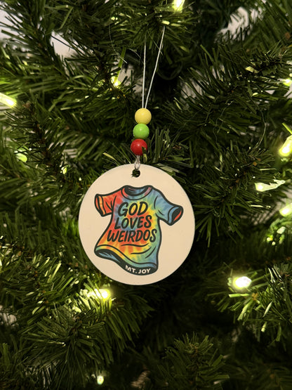 Mt. Joy God Loves Weirdos Tie Dye T-Shirt Metal Holiday Christmas Ornament with Beads with Gift Box 2 Sizes: 2.75" x 2.75" or 3.5" x 3.5"