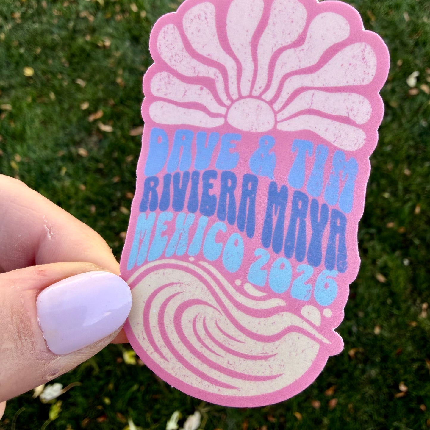 Dave & Tim Riviera Maya Mexico 2026 Sunshine Waves Coral Blue Light Yellow Vinyl Sticker Slap 3" x 1.8" Matte Finish
