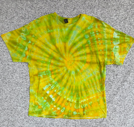 MHD Marigold Yellow Lime Green Spiral  Ice Dye Tie Dye Short Sleeve Shirt 100% Cotton Size XXL