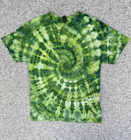 MHD Dark Green Lime Green Spiral Ice Dye Tie Dye Short Sleeve Shirt 100% Cotton Size Large