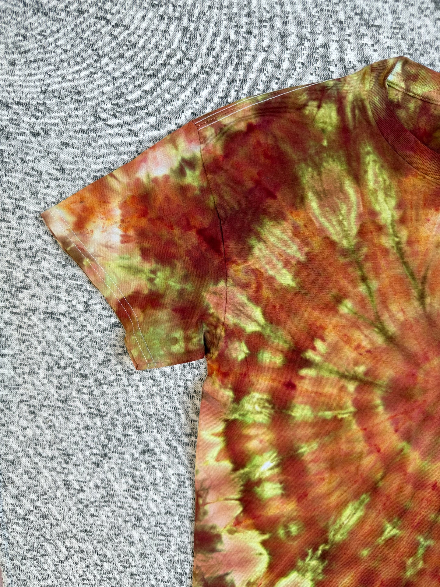 MHD Burnt Orange Yellow Olive Green Spiral Ice Dye Tie Dye Short Sleeve Shirt 100% Cotton Size Medium